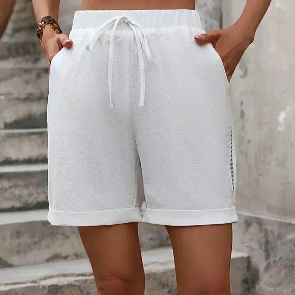 White Boho Women's Tie Waist Shorts - Picture 2 of 5